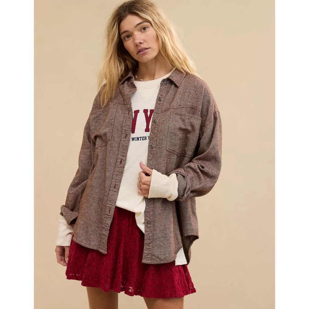 Aerie Anytime Fave Twill Shirt XL Brown Oversized Cotton Button Front Flannel